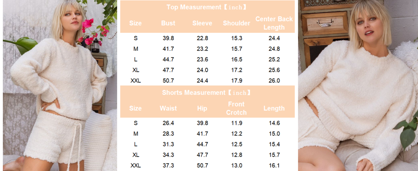 Ekouaer Fuzzy Fleece Pajamas 2 Piece Warm Soft Lounge Set Long Sleeve Sweater Top and Shorts Loungewear Outfits Sweatsuits