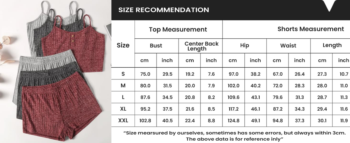 Ekouaer 3 Sets for Women Ribbed Pajamas Crop Cami Top and Shorts Pjs Casual Sleeveless Button Lounge Set Sleepwear