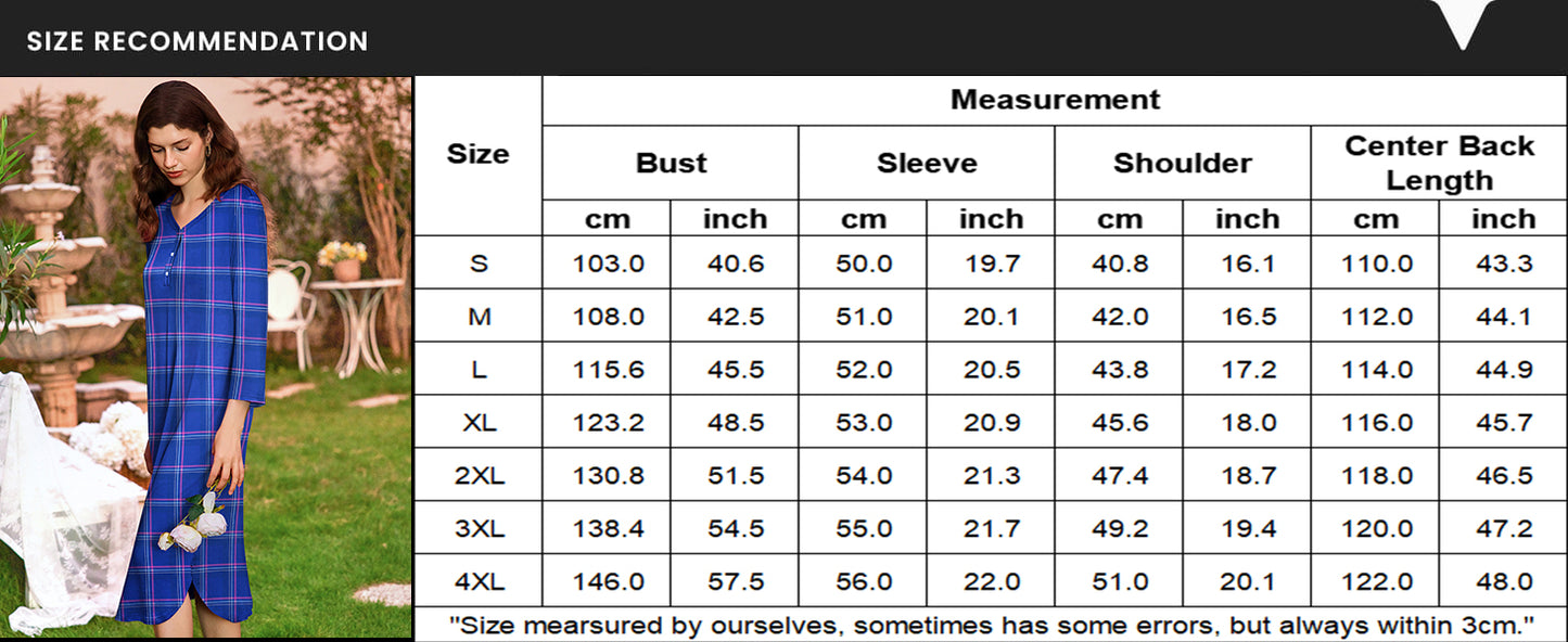 Ekouaer Womens Long Nightgowns Plaid Sleepwear Soft Loose Nightshirt 3/4 Sleeve Plus Size Housecoat with Button & Pockets