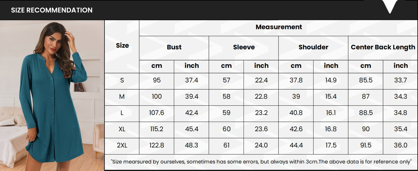 Ekouaer Nightgowns for Women Button Down Night Shirt Long Sleeve Ribbed Knit V-Neck Sleepwear Pajama Dress