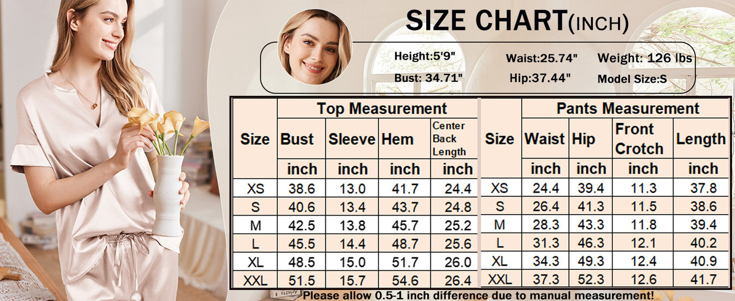 Ekouaer Satin Pajama Set Womens Silk Short Sleeve V Neck Shirt with Long Pant Soft Loungewear Pjs Set