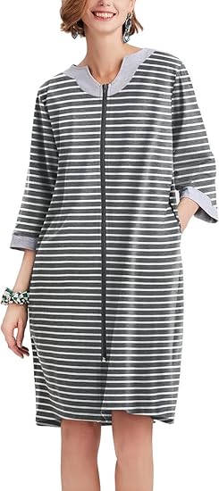 Ekouaer Women Zipper Robe 3/4 Sleeve Nightgowns Lightweight Short Bathrobe with Pockets