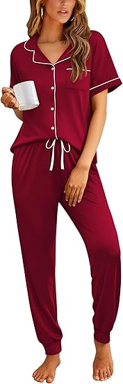 Ekouaer Women Pajama Set Short Sleeve Button Down Pjs Soft Comfy Sleepwear Nightwear with Jogger Pants