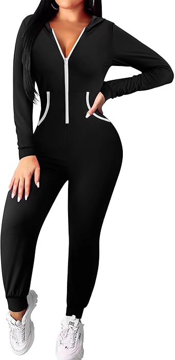 Ekouaer Christmas Onesie for Women Hooded Jumpsuit Long Sleeve Zip Up One Piece Pajamas Novelty Sleepwear