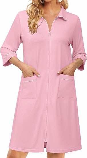 Ekouaer Zipper Robes for Women 3/4 Sleeve Housecoats Knee Length Bathrobe Lightweight Nightgown with Pockets