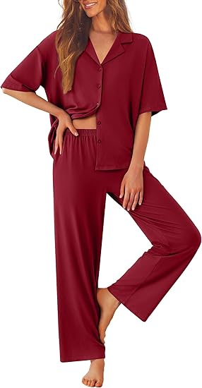 Ekouaer Women Pajamas Set Button Down Sleepwear Short Sleeve Pjs Soft Comfy Nightwear with Long Pants