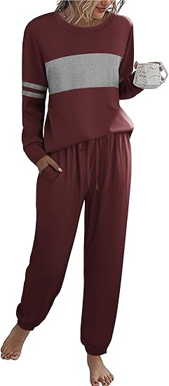 Ekouaer Womens Pajama Sets Long Sleeves 2 Pieces Casual Loungewear Outfits Round Neck Sleepwear with Pockets
