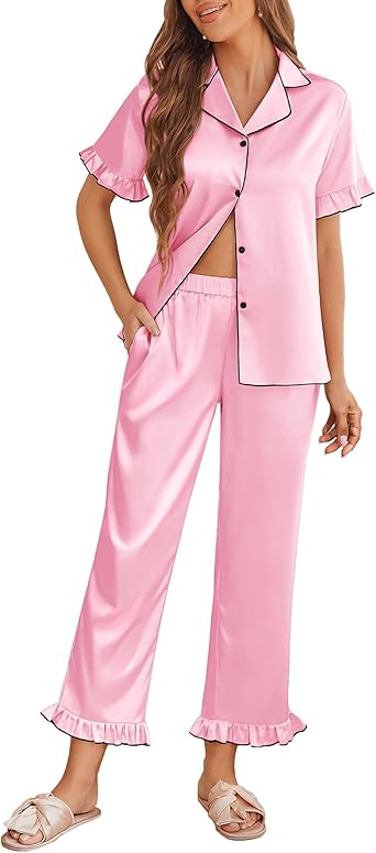Ekouaer Silk Pajamas for Women Satin Short Sleeve Pajamas Set with Ruffle 2 Pieces Button Down Tops and Pants