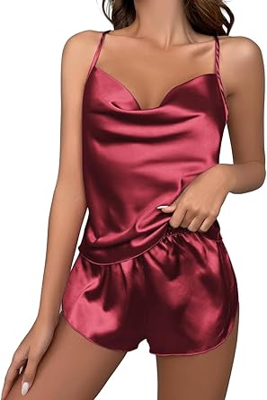 Ekouaer Silk Pajamas for Women Satin Cowl Neck Sleepwear Lingerie Pjs Cami Top and Shorts 2 Piece Pjs