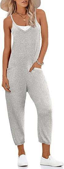 Ekouaer Jumpsuits for Women Sleeveless Spaghetti Strap Ribbed Overall Jumpsuit V Neck Summer Romper with Pockets