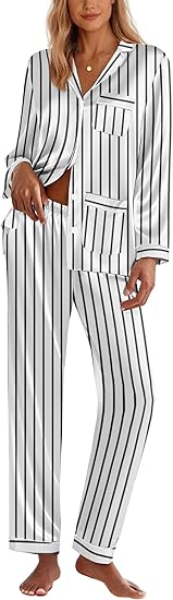 Ekouaer Silk Pajamas for Women Classic Button Down Satin Pajama Sets Long Sleeve Lounge Set