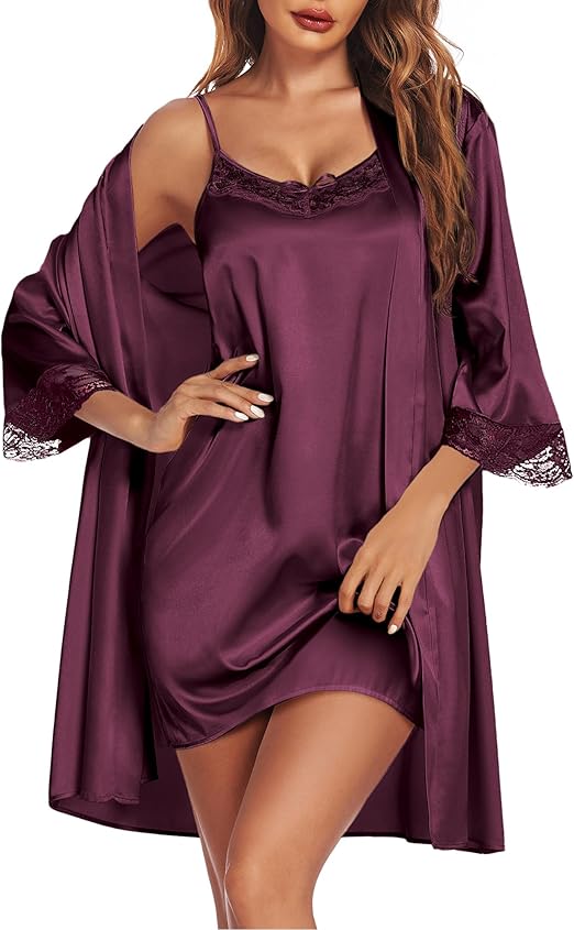 Ekouaer Sleepwear Women's Satin Nightgown with Robes Set 2 Piece Lace Cami Nightwear
