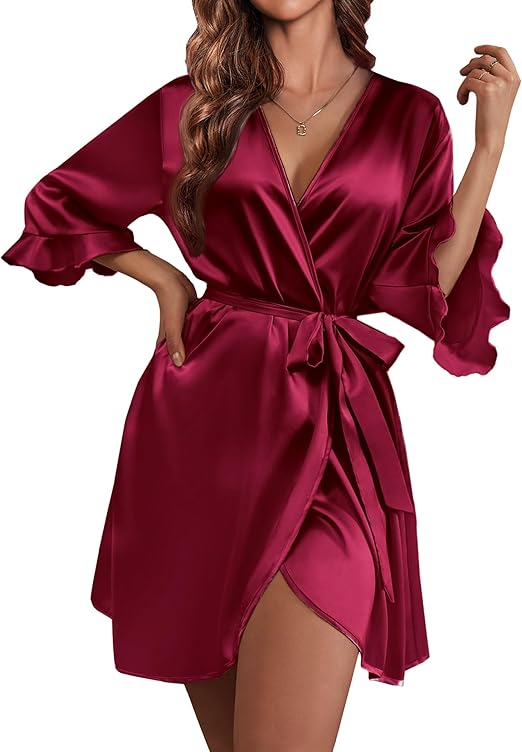 Ekouaer Women's Satin Robe Valentines Lingerie for Women Bathrobe Short Ruffle Belted Robes Bridesmaids Sleepwear