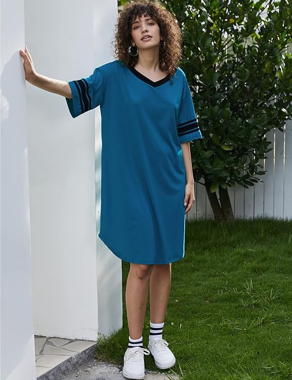 Ekouaer Womens Nightgown Cotton Sleepwear Short Sleeve Sleep Shirt V Neck Color Block Nightshirt