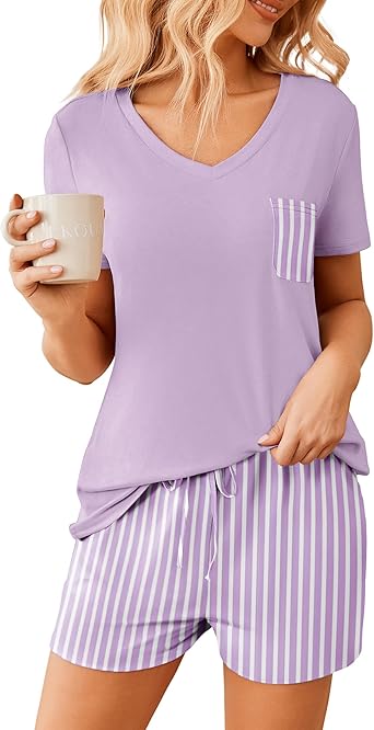 Ekouaer Womens Pajama Sets Short Sleeve Pajamas for Women Sets Soft Lounge Sets Casual V Neck Sleepwear PJS