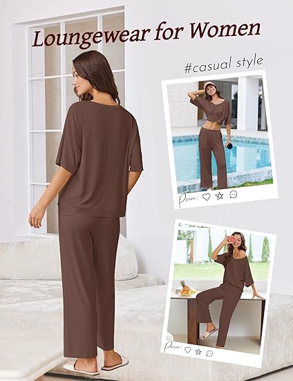 Ekouaer Lounge Sets for Women Comfy Pajamas Set 2 Piece Outfits Short Sleeve Tops and Wide Leg Pants with Large Pockets