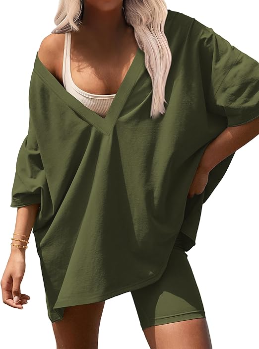 Ekouaer Womens Pajamas 2 Piece Lounge Sets Oversized V Neck T-Shirts Tops Biker Shorts Set Workout Reversible Tracksuit