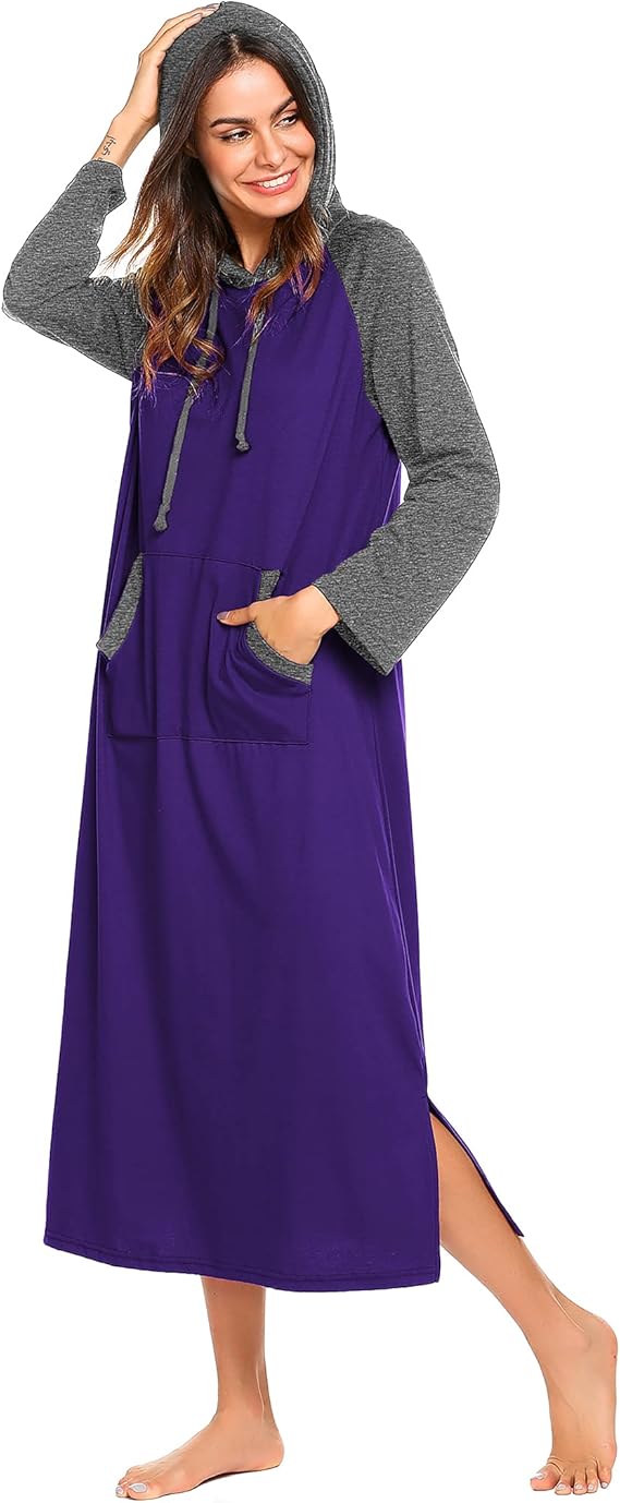 Ekouaer Nightgowns for Women Cotton Nightgown Long Sleeve Hooded Night Gown Contrast Color Full Length Loungewear with Pocket
