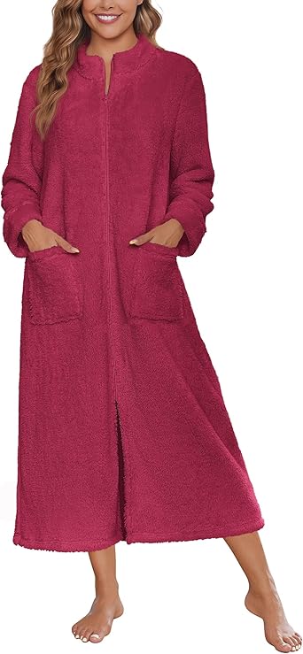 Ekouaer Women Zipper Robe Fleece Long Sleeves Bathrobe Sleepwear Warm Soft Housecoat with Pockets Zip Up House Dresses
