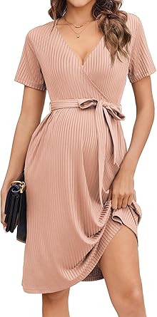 Ekouaer Women Short Sleeve Maternity Nursing Dress Casual V Neck Breastfeeding Loungewear Ribbed Knit Pregnancy Dresses