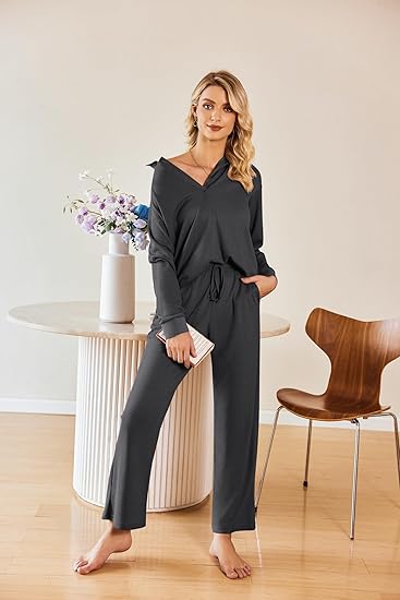 Ekouaer Womens 2 Piece Matching Lounge Sets Fall Outfits Sweatsuit Waffle Knit Pajamas Sets Long Sleeve Sweater Clothes