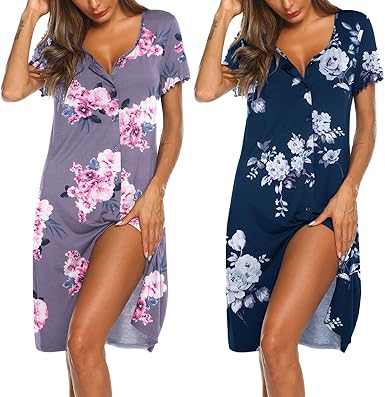 Ekouaer 3 Pack Women's Button Down Nightgowns Short Sleeve Night Shirts for Women Sleepwear V Neck Sleep Dress