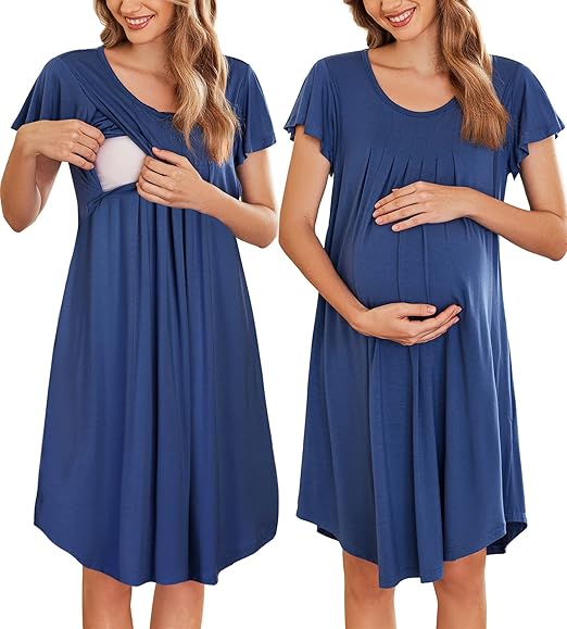 Ekouaer Nursing Nightown Labor and Delivery Gown for Hospital Pleated Breastfeeding Dress Short Sleeve Maternity Sleepwear
