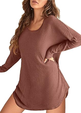 Ekouaer Nightgowns for Woman Waffle Knit Long Sleeve Nightgown Sleep shirts Night Dress for Women