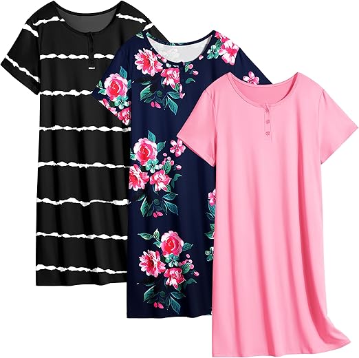 Ekouaer 3 Pack Women's Sleepshirts Soft Sleepwear Short Sleeve T-Shirt Nightgowns Casual Sleepdress Nightshirts
