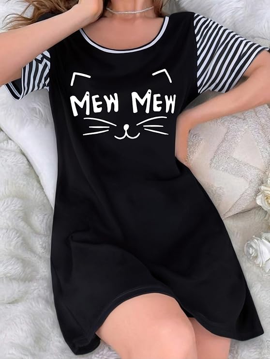 Ekouaer Nightgowns for Women Soft Sleep Shirts with Pockets Short Sleeves Printed Crewneck Nightshirt