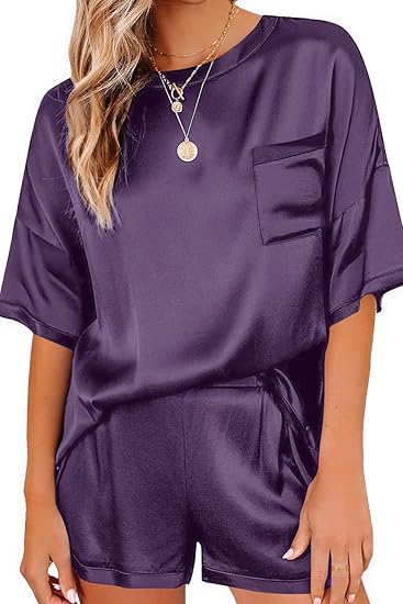 Ekouaer Satin Pajamas for Women Short Sleeve Silk Pajama Sets Soft Sleepwear Top with Causal Pj Shorts