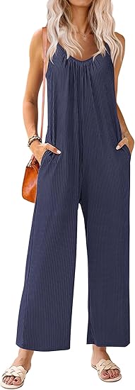 Ekouaer Sleeveless Womens Jumpsuits Ribbed Adjustable Spaghetti Strap Loose Long Pants Romper Jumpsuit
