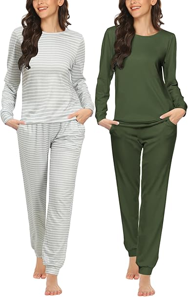 Ekouaer 2 Pack Women's Pajama Set Long Sleeve Top with Jogger Pants Lounge Sets Sleepwear Loungewear with Pockets