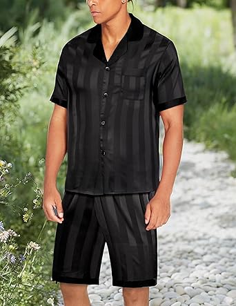 Ekouaer Men Satin Silk Pajamas Set with Pockets Sleepwear Shorts Satin Summer Loungewear 2 Piece Button Down Set