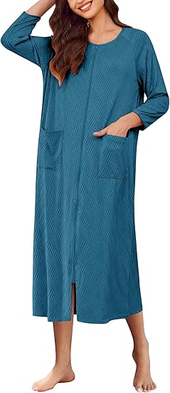 Ekouaer Zipper Robes for Women Ribbed Knit Bathrobe Lightweight Full Length Loungewear with Pockets