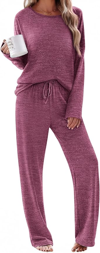 Ekouaer Pajama Set Womens Long Sleeve Sleepwear Pullover Top and Pants Cozy Loungewear Soft Pjs Lounge Set with Pockets