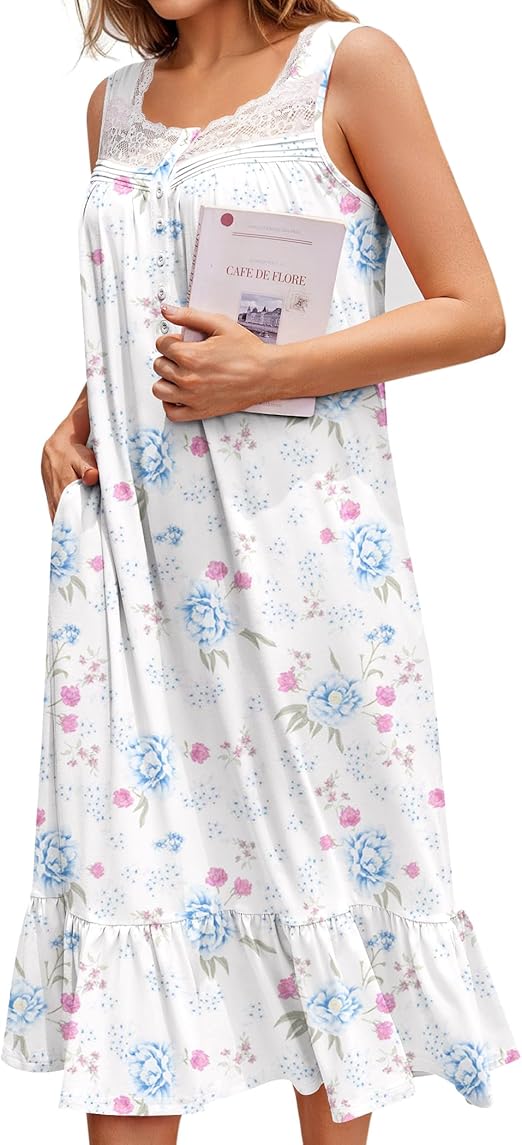 Ekouaer Nightgowns for Women Sleeveless Night Gown Victorian Sleep Shirt with Pockets Ladies Pajamas Lace Trim Sleepwear