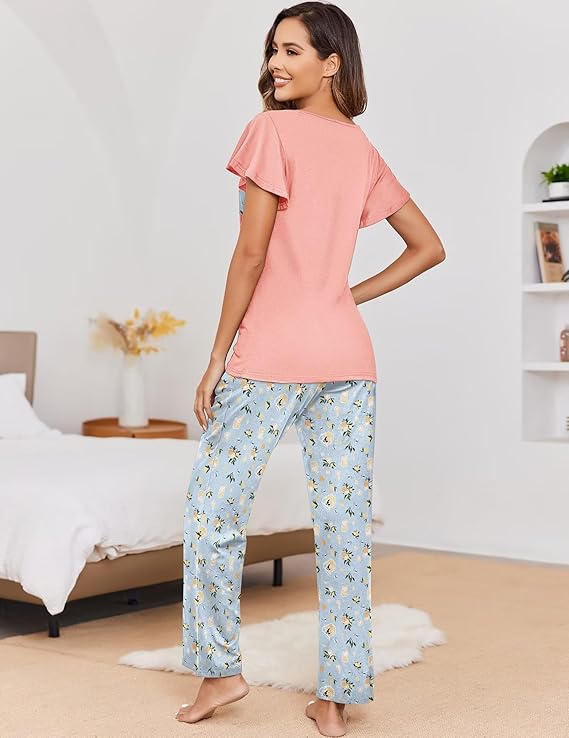 Ekouaer 2 Pack Womens Pajama Sets Short Sleeve with Long Pajama Pant Set Soft Sleepwear Printed Pj Lounge Sets with Pockets