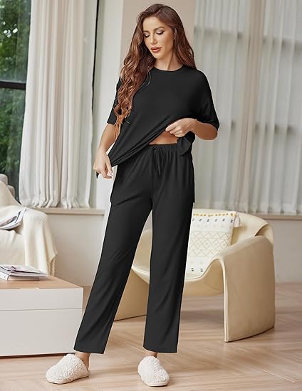 Ekouaer Lounge Sets for Women Short Sleeve Tops and Long Pants Soft Comfy Pajamas Set 2 Piece Outfits S-XXL