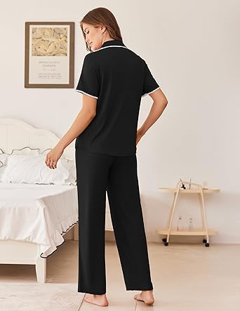 Ekouaer Women's Pajama Sets Button Down Loungewear Short Sleeve Sleepwear 2 Piece Pants Pjs Set with Pockets