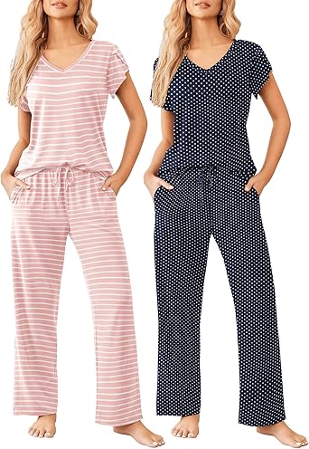 Ekouaer 2 Pack Womens Pajamas Short Sleeve Sleepwear Top with Pants Super-Soft Printed Lounge Sets