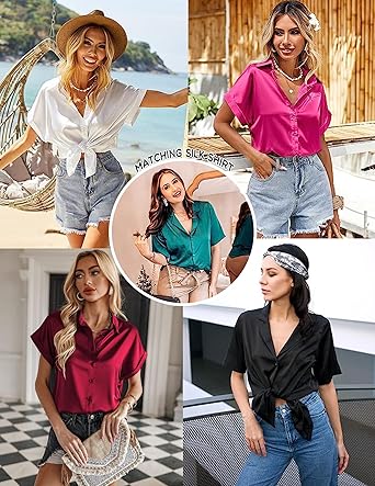 Ekouaer Silk Pajamas for Womens Set 2 Piece Satin Pjs Soft Button Down Sleepwear Wide Leg Long Pants with Pockets