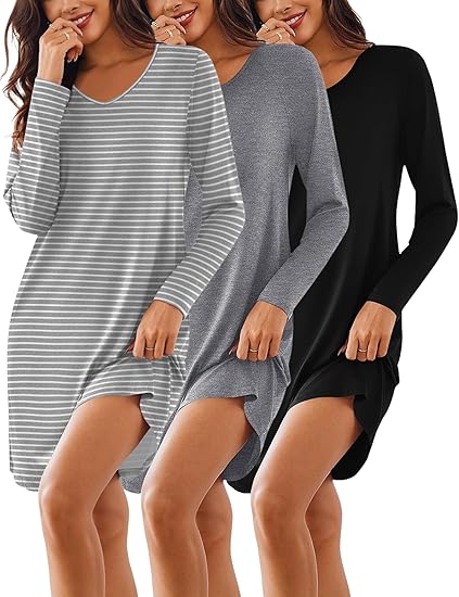 Ekouaer 3 Pack Women's Nightgowns Long Sleeve Sleep Shirts Comfy Soft Nightshirt Women Pajama Sleep Dress Cute Sleepwear