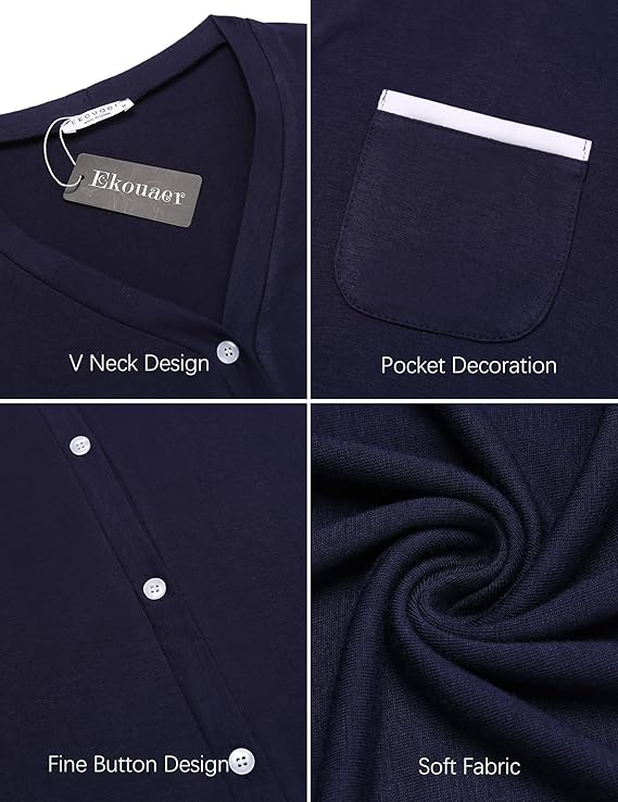 Ekouaer Nightgowns for Women Button Down Pajamas Tops Short Sleeve Sleepwear V-Neck Sleepwear