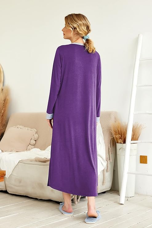 Ekouaer Womens Nightgown Long Loungewear V Neck Nightshirt Sleepwear Full Length Sleepshirt with Pockets