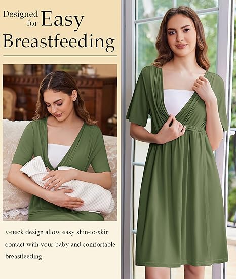 Ekouaer Labor and Delivery Gown for Hospital Short Sleeve Maternity Nursing Dress Nightgown with Button