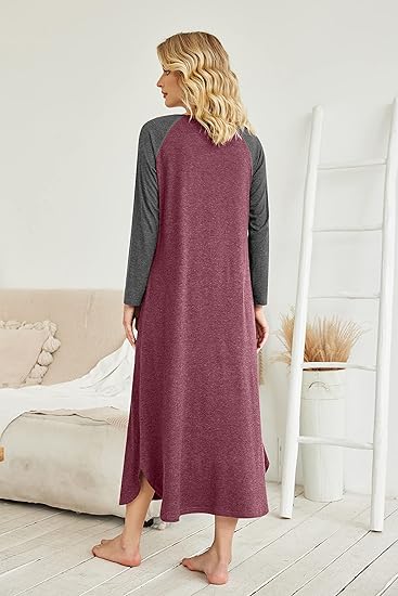 Ekouaer Women's Nightgown V-Neck Loungewear Long Sleeve Sleepwear Full Length Nightgown for Women