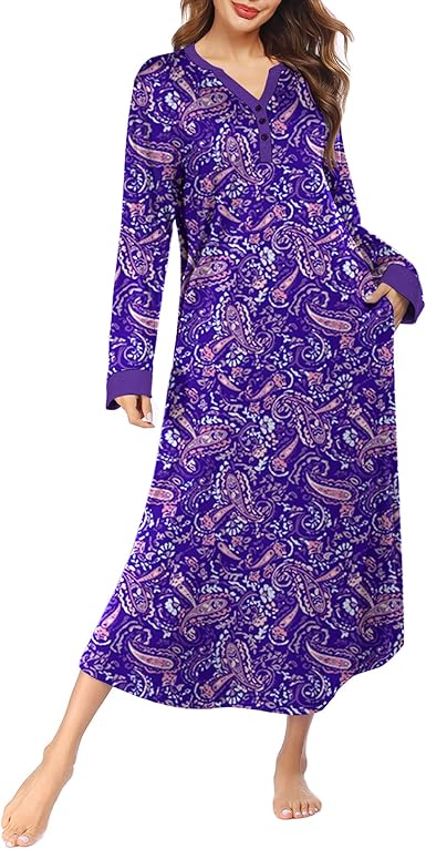 Ekouaer Womens Nightgown Long Loungewear V Neck Nightshirt Sleepwear Full Length Sleepshirt with Pockets
