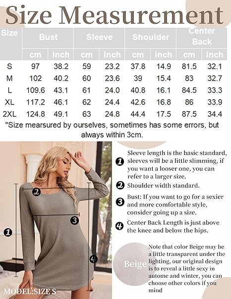 Ekouaer Nightgowns for Woman Waffle Knit Long Sleeve Nightgown Sleep shirts Night Dress for Women