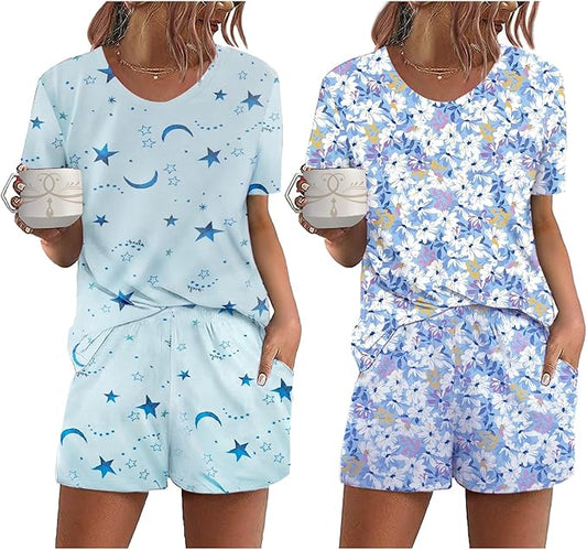 Ekouaer 2 Pack Pajamas Short Sleeve Top with Shorts Sets Comfy Pjs Lounge Sets Sleepwear for Women